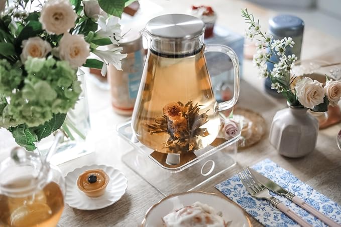 Teabloom One-Touch Tea Maker, 2-in-1 Teapot and Kettle with Stainless Steel Filter Lid for Loose Tea – Stain-free Borosilicate Glass Teapot (56 Oz) – Tea Connoisseur's Choice