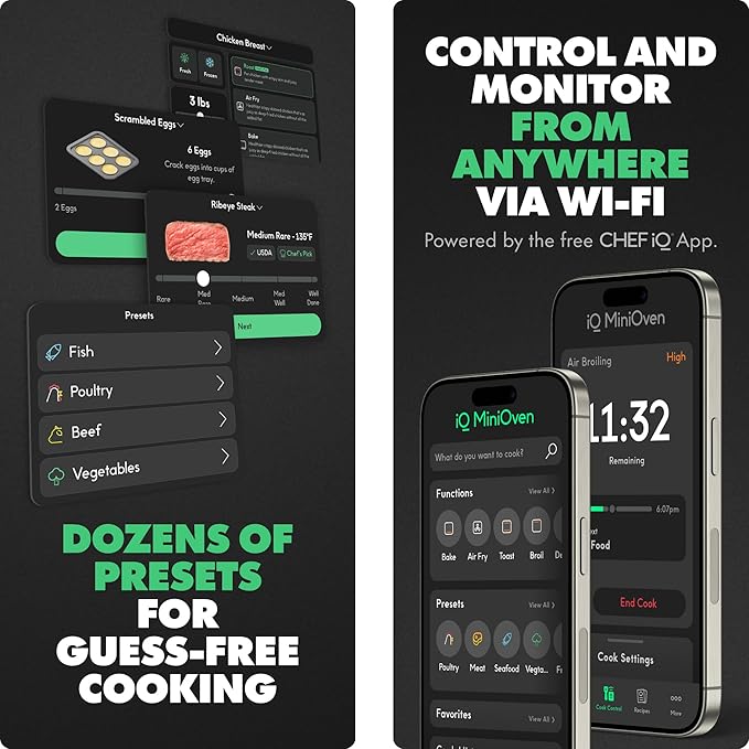 CHEF iQ MiniOven Smart Toaster Oven Air Fryer Combo, 11-in-1 Countertop Convection Oven, Bake, Broil, Air Fry, Broil, Dehydrate, 1750W, 25 Qt Capacity, Fast Cooking with Touchscreen Controls – Black