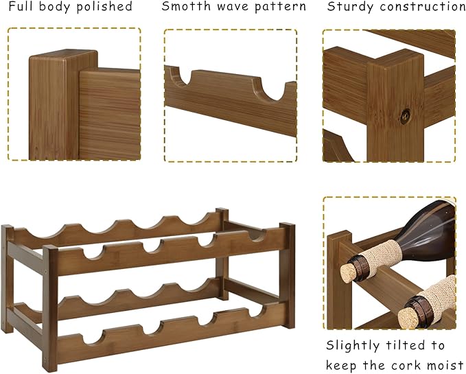 BAMEOS Bamboo Wine Rack, 2 Tier Wine Racks Countertop Storage, Wine Bottle Holder Wine Rack freestanding Floor for Kitchen, Bar, Pantry, Wine Cellar, Basement,Study，Maroon (16.85 L x 9.25W x 7H)