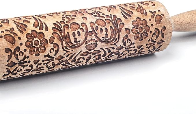 Christmas Wooden Rolling Pin for Baking Engraved Embossing Rolling Pin Cookie Stamps Roller Square Grid Cookies Mold Kitchen Decor Tools for Baking Embossed Cookies (Flower Plant)