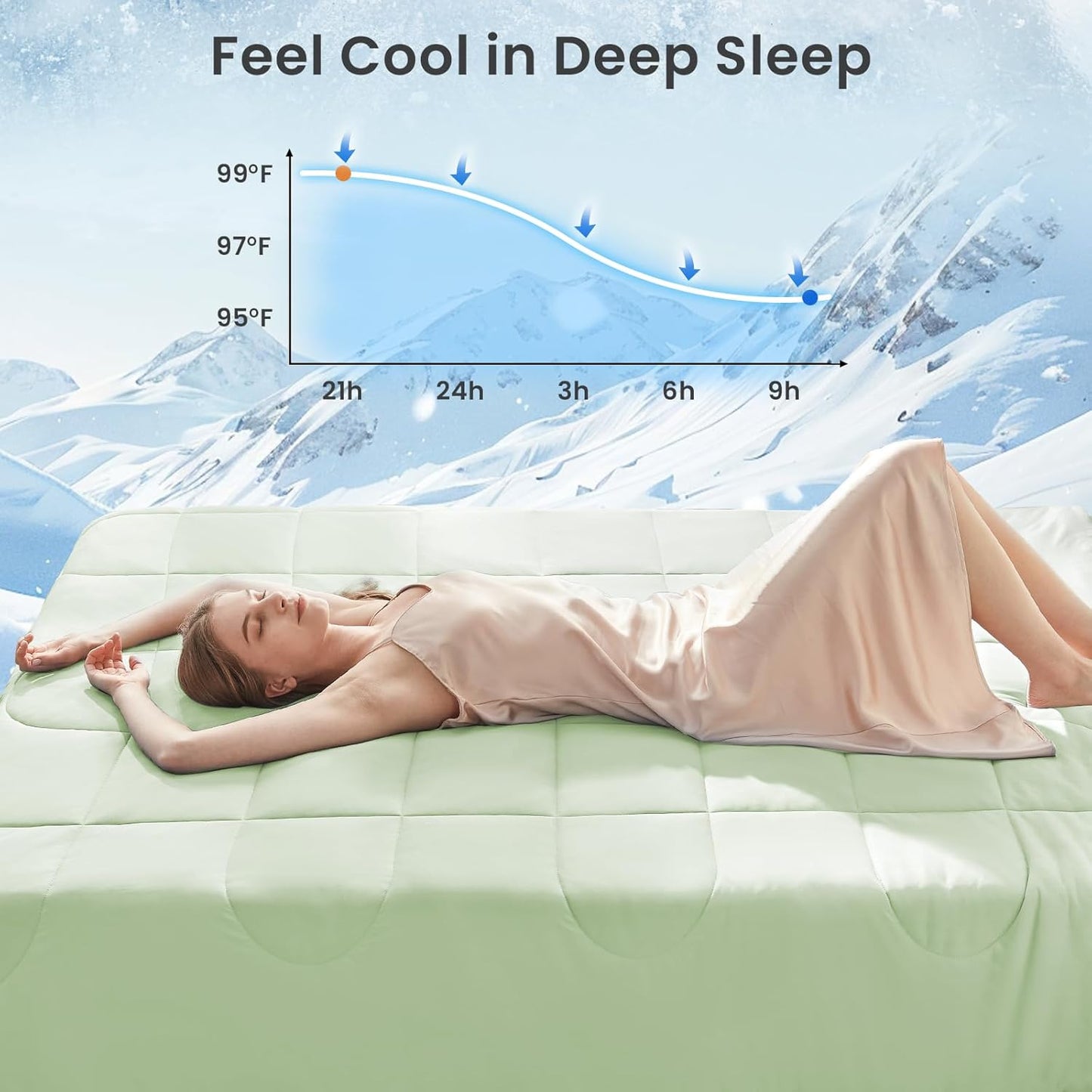 HYLEORY Cooling Comforter Queen Size - Summer Cooling Blanket for Hot Sleepers/Night Sweats, Double-Sided Cold Touch Silky Ice Comforters, Breathable Lightweight Beddings, Cool Green, 90"x90"