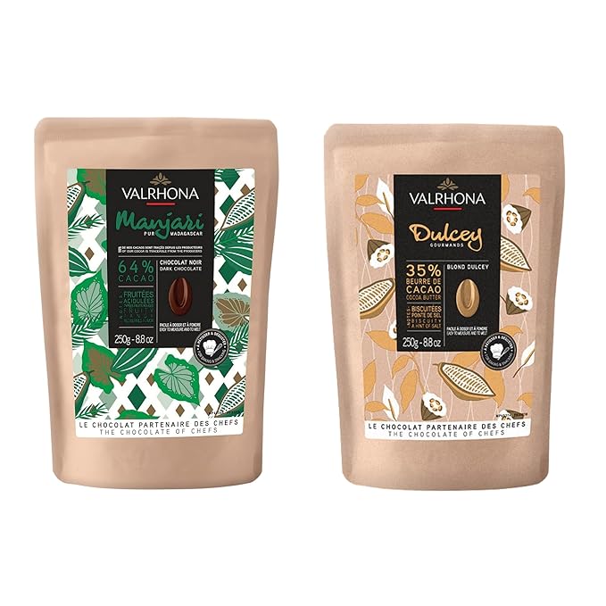 Valrhona Premium Baking Chocolate Discs (Feves), Dark Chocolate MANJARI 64% Cacao Single Origin, and Creamy Blonde Chocolate DULCEY 35% with Caramel Cookie Flavor Notes, for Cookies, Cakes, and more