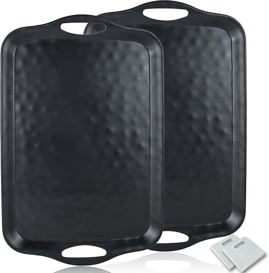 Extra Large Serving Tray with Handles, 20x13 inch, Set of 2 Melamine Platters for Serving Food, Turkey, Cookie, Rectangular Trays for Eating, Raised Dots Matt Finished, Dishwasher Safe, Black