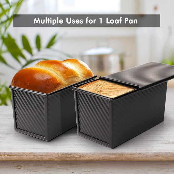 Beasea Pullman Loaf Pan with Lid, 2 Pack 1 lb Non-Stick Black Bread Loaf Pans for Homemade Bread Carbon Steel Toast Box with Cover for Bakeware Toast Oven Baking