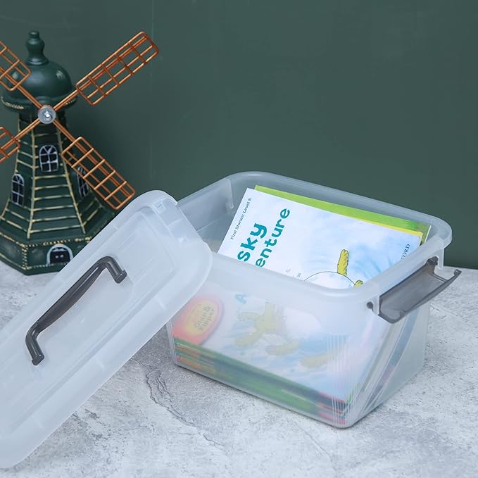 Citylife 4 Packs 6 QT Storage Bins with Lids Clear Plastic Bins with Grey Handle Stackable Storage Containers for Organizing