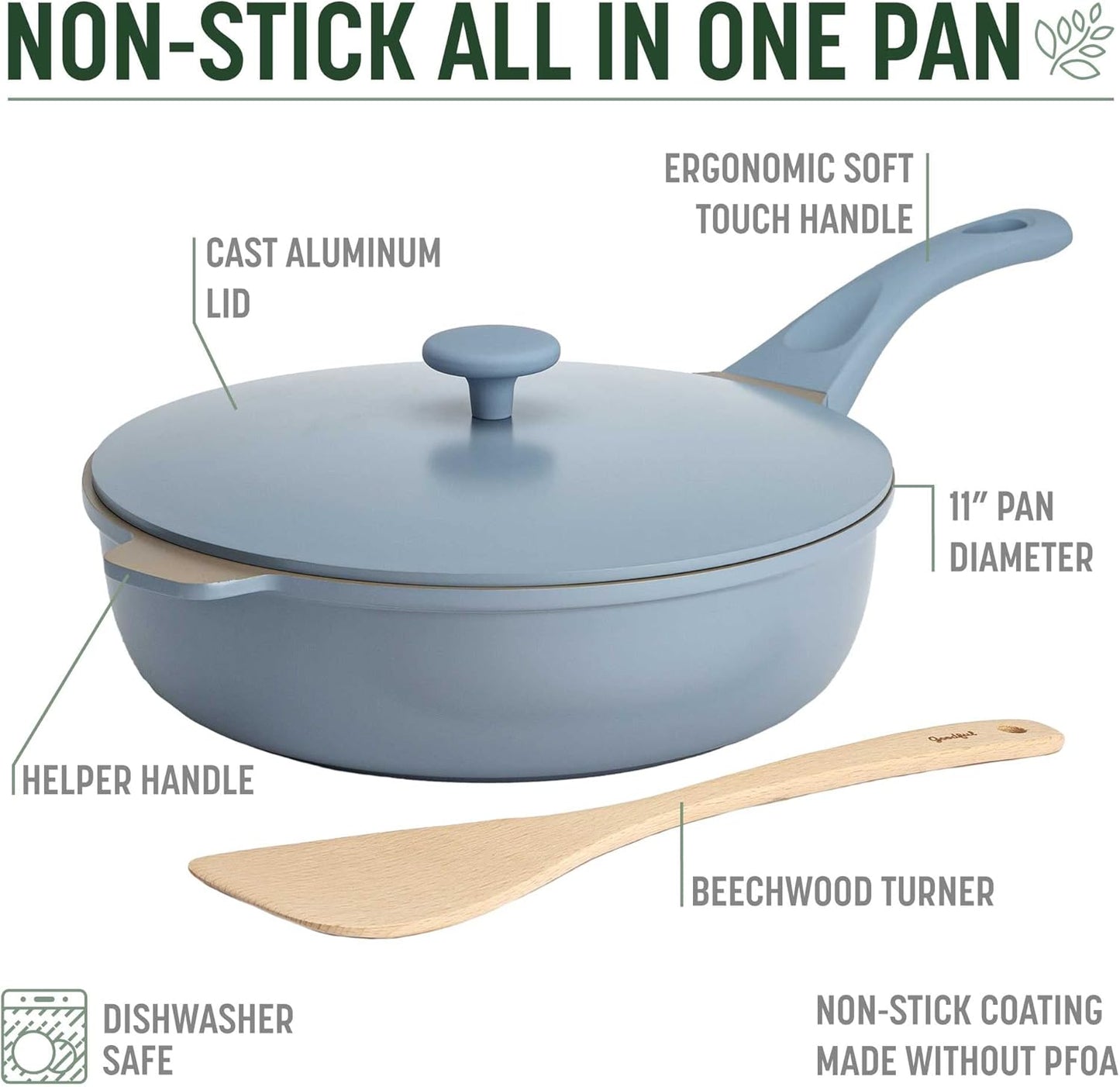 Goodful All-in-One Pan, Multilayer Nonstick, High-Performance Cast Construction, Multipurpose Design Replaces Multiple Pots and Pans, Dishwasher Safe Cookware, 11-Inch, 4.4-Quart Capacity, Blue Mist