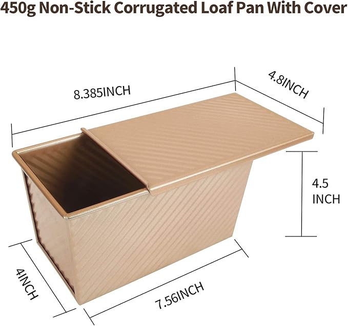 CHEFMADE Pullman Loaf Pan with Lid, 1Lb Dough Capacity Non-Stick Rectangle Corrugated Bread Pan Bakeware, Toast Mold with Cover for Oven Baking Cakes, Breads and Meatloaf (Champagne Gold)