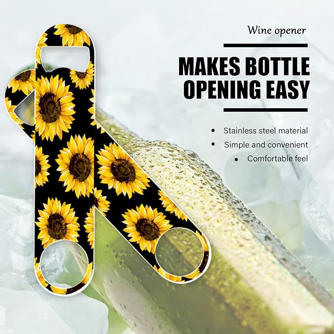 2 PACK Beer Bottle Opener, Stainless Steel Flat Bottle Openers,7 inch Metal Decor,Sunflowers On Black Background