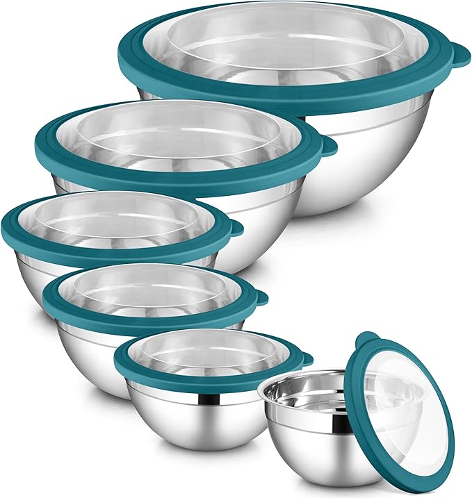 LIANYU Stainless Steel Mixing Bowls, 6 Packs Deep Metal Nesting Bowls Set for Baking Cooking Serving Prepping, Large& Small 7, 3.5, 2.5, 2, 1.5, 1QT Size, Include Visible Airtight Lid, Dark Blue