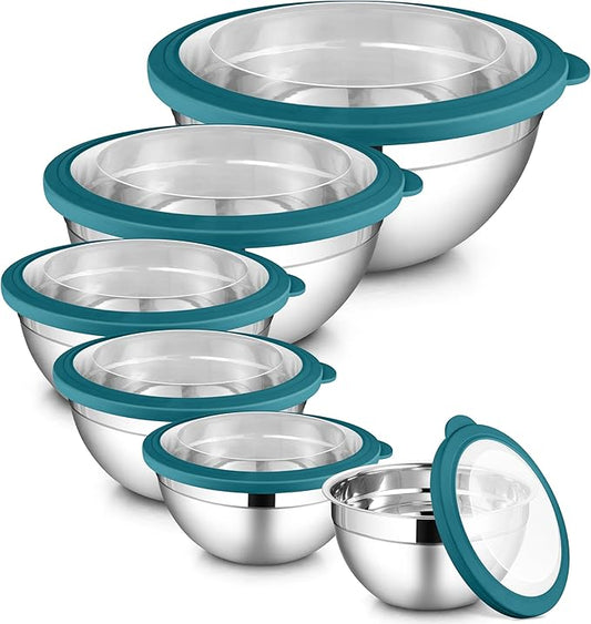 LIANYU Stainless Steel Mixing Bowls, 6 Packs Deep Metal Nesting Bowls Set for Baking Cooking Serving Prepping, Large& Small 7, 3.5, 2.5, 2, 1.5, 1QT Size, Include Visible Airtight Lid, Dark Blue