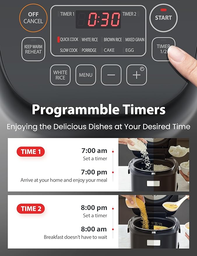 TOSHIBA Rice Cooker Small 3-Cup Uncooked– LCD Display with 8 Cooking Functions: Rice, Oatmeal, Mixed Grains and More, NonStick Inner Pot, Grey