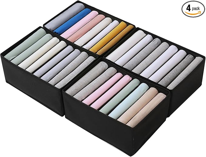 Qozary 4 Pack Drawer Organizers for Clothing, 8 Grids Foldable Closet Organizers and Storage Bins for Bedroom, Dresser Organizer Boxes for Thin T-shirts, Tank Tops (Black, Upgrade Height)
