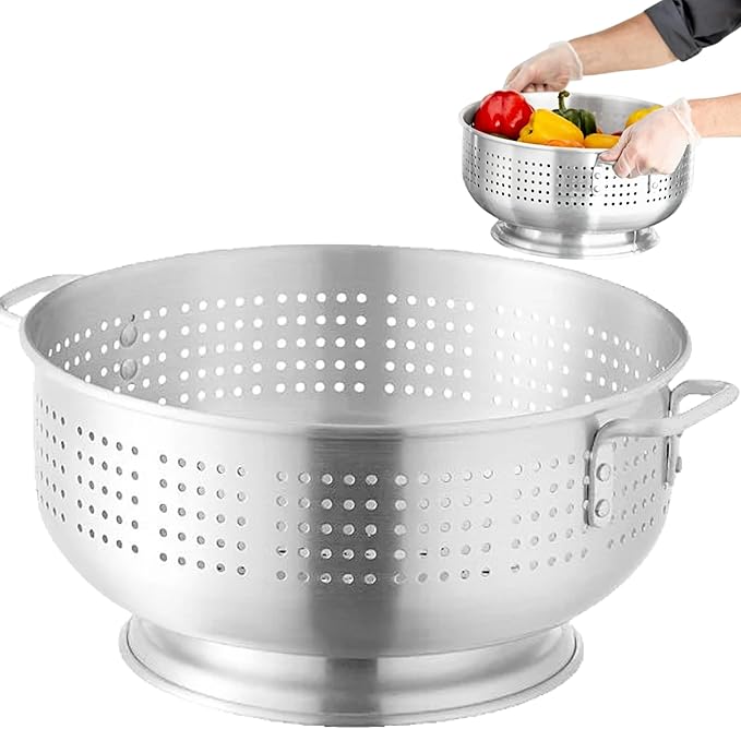 12 Qt. Aluminum Colander with Base and Handles – Heavy Duty Commercial Strainer with Full-Ring Welded Bottom, (15 inches in Diameter) -16-Gauge – Perfect for Pasta, Fruits, Vegetables (1, 12 Quart)