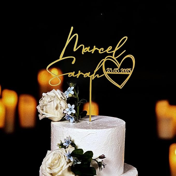Personalized Wedding Cake Topper, Gold Cake Topper For Wedding, Rustic Weddings Cakes Topper, Personalized Acrylic or Wood Cake Decoration for Engagement, Anniversary, Bridal Shower 3