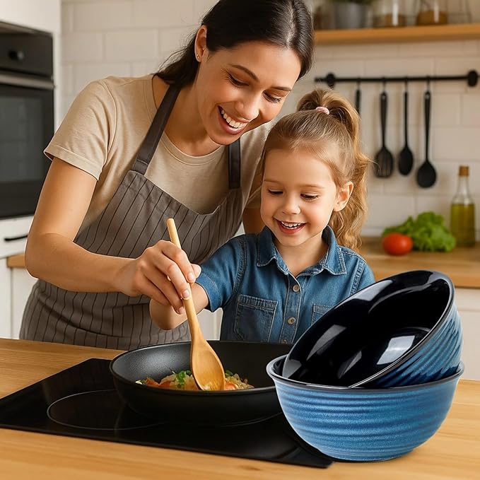 MEKY 65oz Ceramic Mixing Bowls Set of 2, Deep Large Ribbed Serving Bowls for Salad, Pasta, Ramen, Soup, Durable Kitchen Bowl Set, Microwave Oven Dishwasher Safe Porcelain，Blue