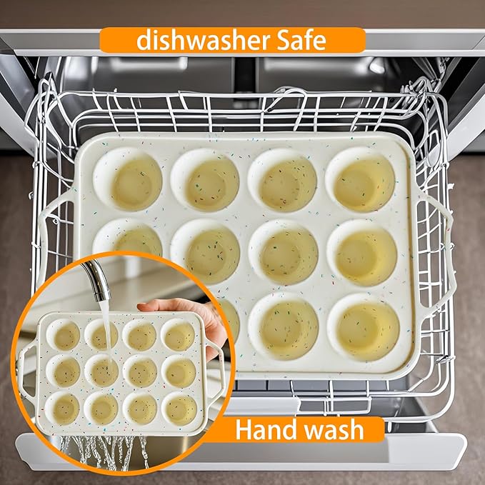 SOV Silicone Muffin Pan for Baking with Metal Reinforced Frame, Non-Stick 12 Cups Muffin Pan for Muffin Cakes, Tart, Bread,Cupcake Baking Pan Molds, Oven & Dishwasher Safe, 2 packs (white-D)