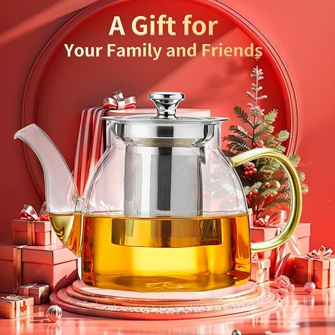 Glass Tea Pot with Stainless Steel Infuser and Lid (Octagonal), Clear Glass Teapot, Borosilicate Hydrochloric Glass Heat Resistant, Fine Glass Filter for Flower Tea, Tea Bags (27 oz / 800 ml)