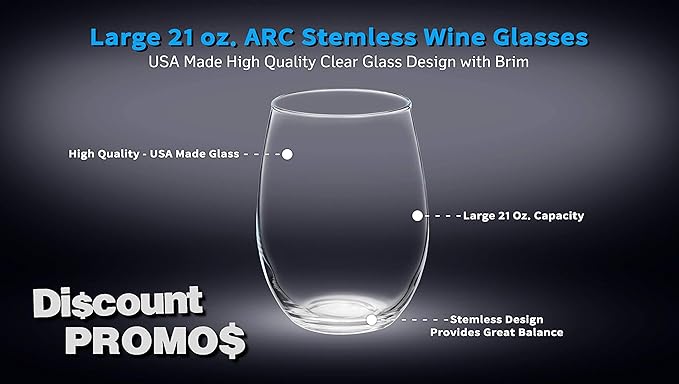 DISCOUNT PROMOS 10 ARC Stemless Wine Glasses Set, 21 oz. - Chardonnay, Cabernet, Merlot, Sauvignon - Clear