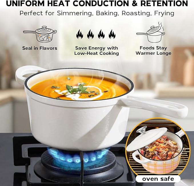 2 Quart Saucepan Dutch Oven, Onader Enameled Cast Iron Sauce Pan Pot with Lid, Small Cooking Kitchen Pot, Nonstick & Oven Safe – White