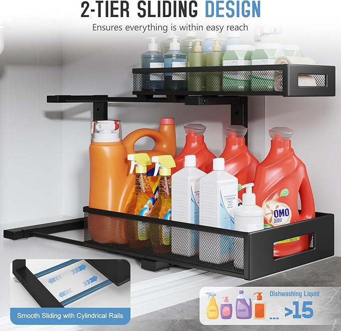 2 Pack 17IN Depth Under Sink Storage Organizer, Large 2-Tier Elegant Mesh Pull Out Shelf for Kitchen and Bathroom Cabinet Organization, L-Shaped and Adjustable Height Design-Black