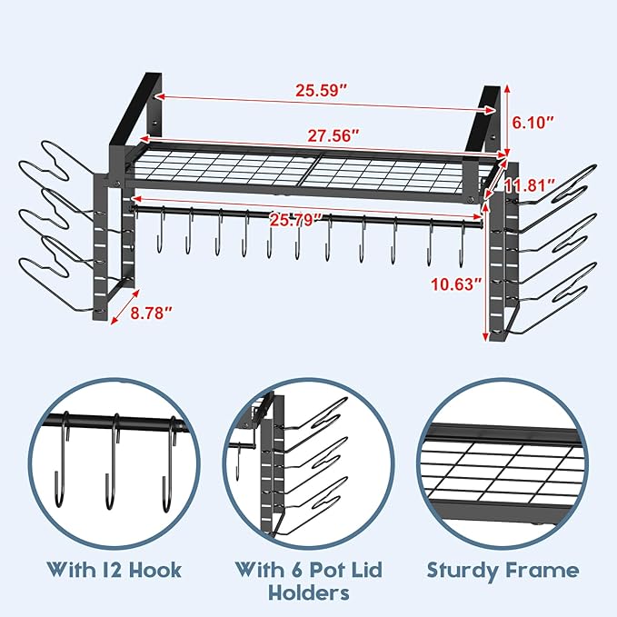 27-Inch Kitchen Pan Pot Rack Wall Mounted-Hanging Pots and Pans Organizer with 12 Hooks and 6 Pot Lid Holders,Heavy Duty Steel Pot and Pan Hanger for Cookware Utensils Storage,Screw-Upgraded Version
