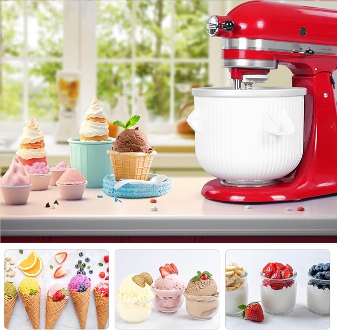 Ice Cream Maker Attachment for Kitchenaid, 2 Quart Frozen Ice Cream Bowl for Stand Mixer 4.5/5/6/7QT, Sorbet Gelato Maker for Homemade Ice, Dessert, Yogurt