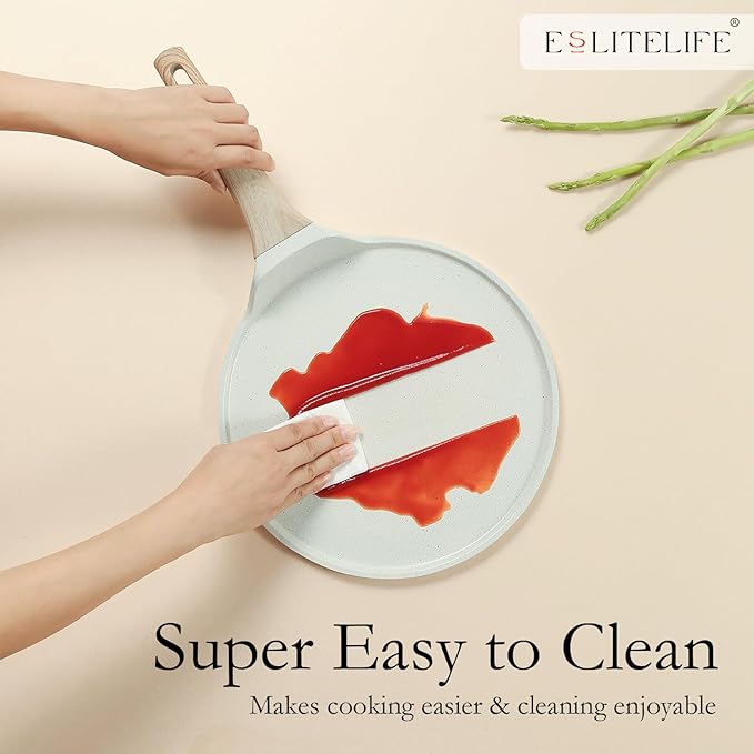 ESLITE LIFE 11 Inch Crepe Pan with Spreader, Nonstick Ceramic Flat Skillet Dosa Tawa Comales Para Tortillas Pancake Pan, PTFE & PFOA Free, White