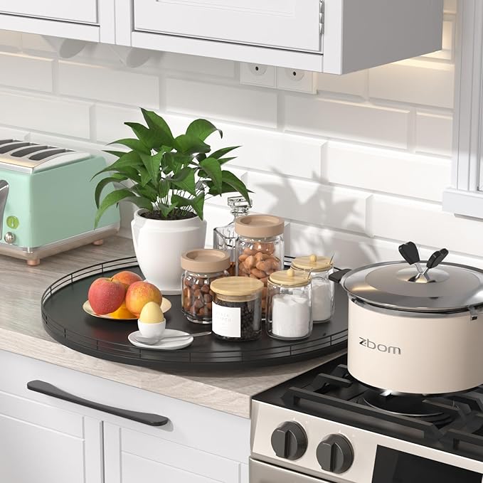 18" Oak Wooden Lazy Susan Turntable for Dining Table, Large Round Lazy Susans Organizer for Kitchen Countertop, Tabletop 360°Rotating Tray for Spice Organization and Storage Black Home Decor