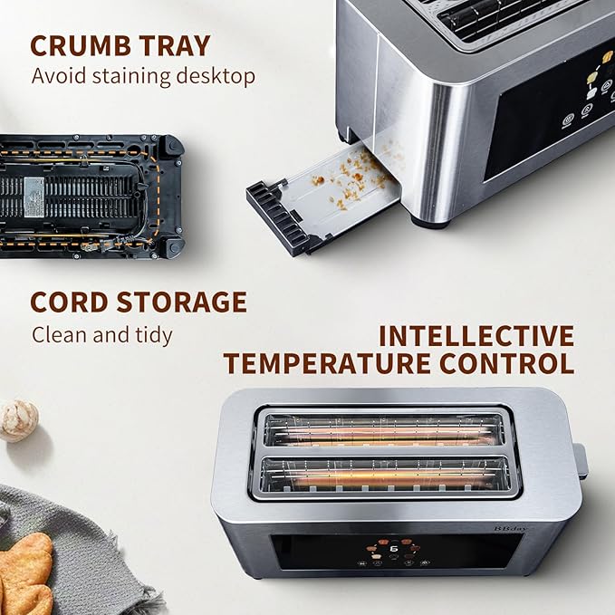 Touch Screen Smart Toaster 4 Slice, LCD Display, 1.6" Long Slot Toaster with 6 Shade Settings, Defrost, Reheat & Removable Tray, Wide Slot for Long Bread, Bagels, Waffles, 1300W, Stainless Steel