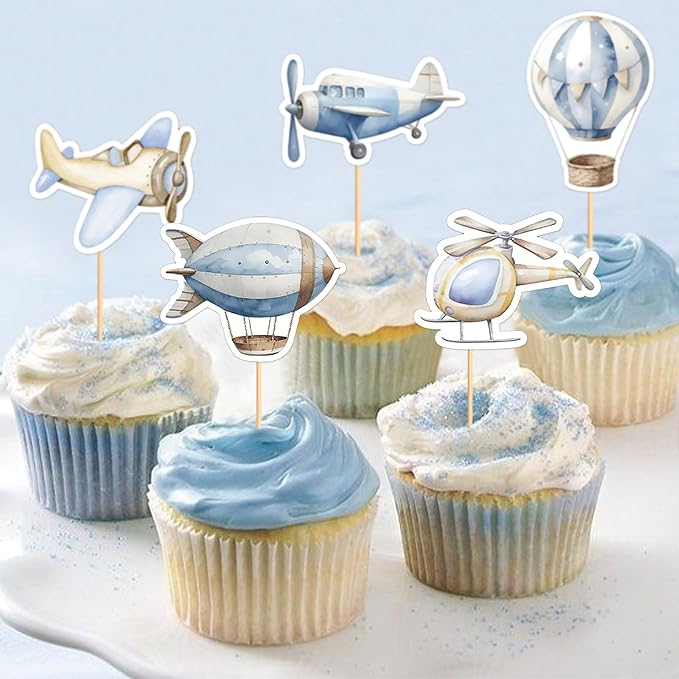 35PCS Airplane Cupcake Toppers Hot Air Balloon Helicopter Travel Themed Party Decorations Baby Shower Kids Boys Girls Birthday Party Cake Decorations Supplies