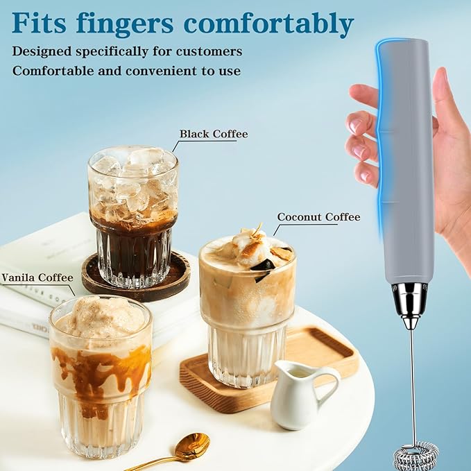 Milk Frother Handheld for Coffee, Electric Whisk 3 Speed Adjustable, Drink Mixer with Stainless 3 Whisks, Rechargeable Hand Frother Wand, for Latte Cappuccino Hot Chocolate Egg Cement Gray