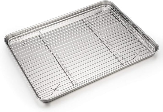 P&P CHEF 16 Inch Baking Sheet Pan with Rack Set, Stainless Steel Cookie Sheet Pan Tray with Cooling Rack for Oven Use, Cooking Roasting, Non Toxic & Dishwasher Safe, Heavy Duty