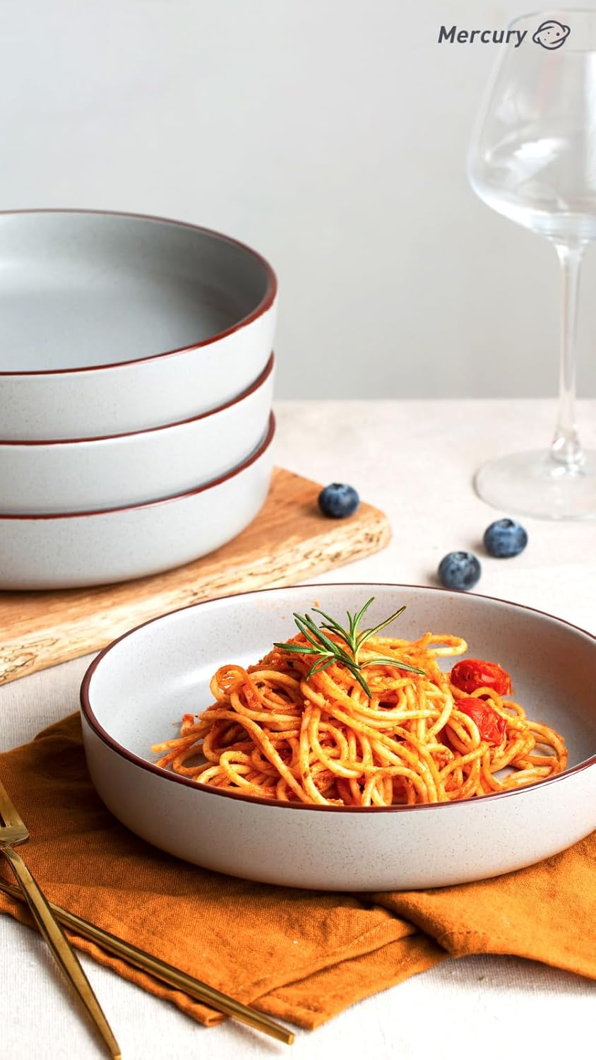 famiware Mercury Pasta Bowls Set of 4, 33 oz Large Salad Bowls, Ceramic Pasta Plates Bowls, Serving Bowls for Kitchen, Microwave & Dishwasher Safe, Light Gray