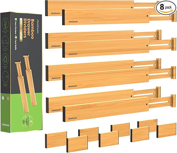 ANTOWIN Bamboo Drawer Dividers Organizers 16pcs, Expandable Drawer Separators Splitter, 17-22 inches Long Adjustable Spring-loaded Organizer for Large Utensil, Clothes, Tools Drawers (8+8)