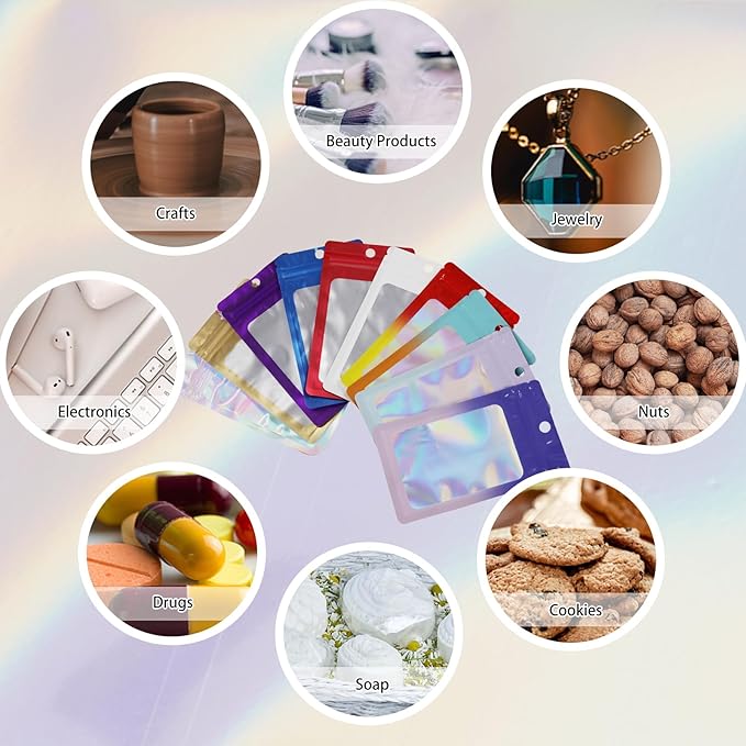 200 Pack Resealable Mylar Holographic Bags Food Storage Smell Proof Bags with Front Window Foil Packaging Pouch for Candy Sample Jewelry Small Business 3.15×5.51 Inch, Red