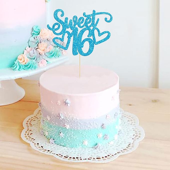 Gyufise 1Pc Sweet Teenager 16 Cake Topper Glitter 16th Birthday Cake Pick for Cheers to 16 Years Old 16th Birthday Party Cake Decorations Supplies Light Blue