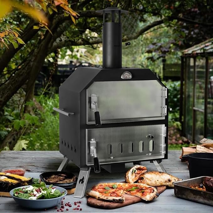 12’’ Outdoor Pizza Oven Wood Fired Pizza Oven Portable Patio Ovens Included Pizza Stone, Pizza Peel, Fold-up Legs, Cover Cooking Rack for Camping Backyard BBQ