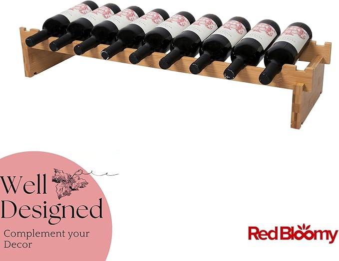 Stackable Bamboo Wine Rack for 72 Bottle, 8-Tier and Sturdy, Free Standing, Modular Wine Storage, Wine Bottle Storage for Cellar, Kitchen and Dining Room (9 Bottle)