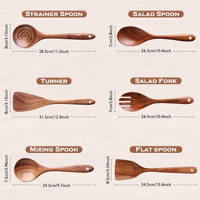 Wooden Spoons for Cooking, 6 Pcs Wooden Utensils for Cooking, Natural Teak Wood Non-Stick Cooking Spoons, Wood Utensils Set for Kitchen