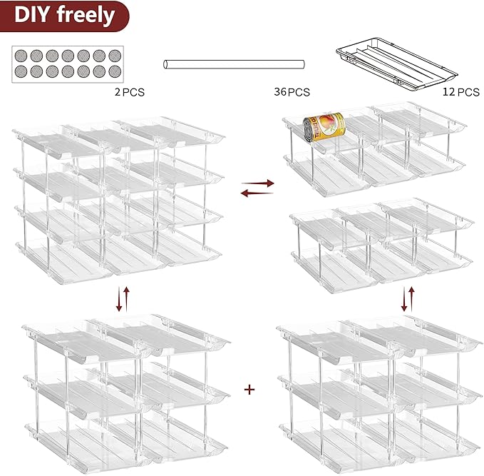 Can Organizer for Pantry, 6 Sets 3Tiers Can Storage Organizer Pantry, Soda Can Organizer for Fridge 72 Cans Rack Automatic Rolling Stackable Canned Food Organizer,Clear