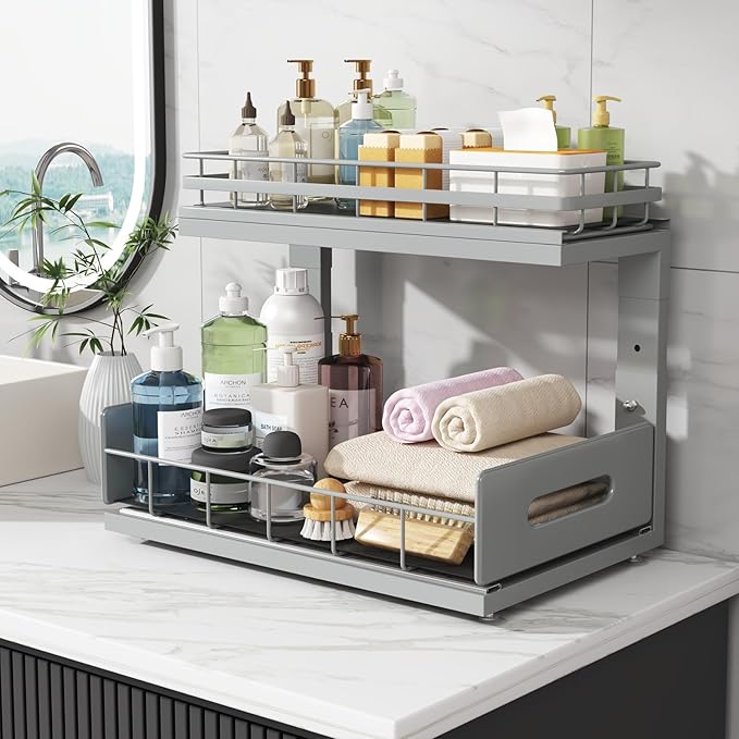 2 Pack Under Sink Organizer Upgrade to Professional Rails,2-Tier Dual Pull Out Cabinet Storage,Height Adjustable Slide Out Drawers for Bathroom Kitchen,Under Sink Shelf-Gun Gray
