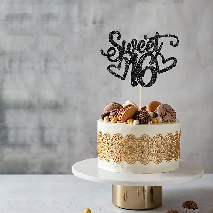 Gyufise 1Pc Sweet Teenager 16 Cake Topper Glitter 16th Birthday Cake Pick for Cheers to 16 Years Old 16th Birthday Party Cake Decorations Supplies Black