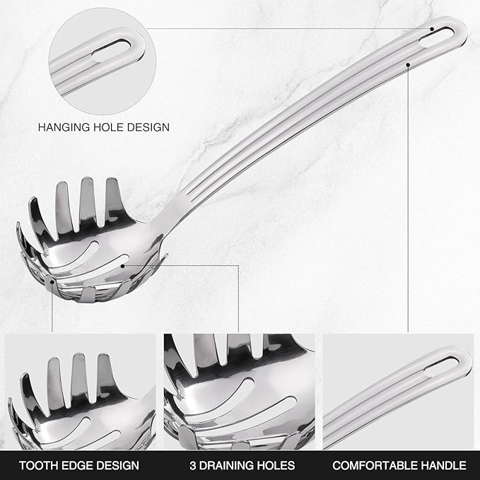 Stainless Steel 9.06 inch Spaghetti Server Spoon with Teeth - Pasta Fork Pasta Server Noodle Spoon Heavy Duty Cooking Utensils Classic Dishwasher Safe