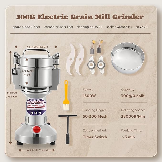 Moongiantgo Grain Mill Grinder Electric 300g Commercial Spice Grinder 1500W Stainless Steel Pulverizer Dry Grinding Machine for Wheat Corn Rice Pepper Herbs Coffee Beans (300g Upright, 110V)