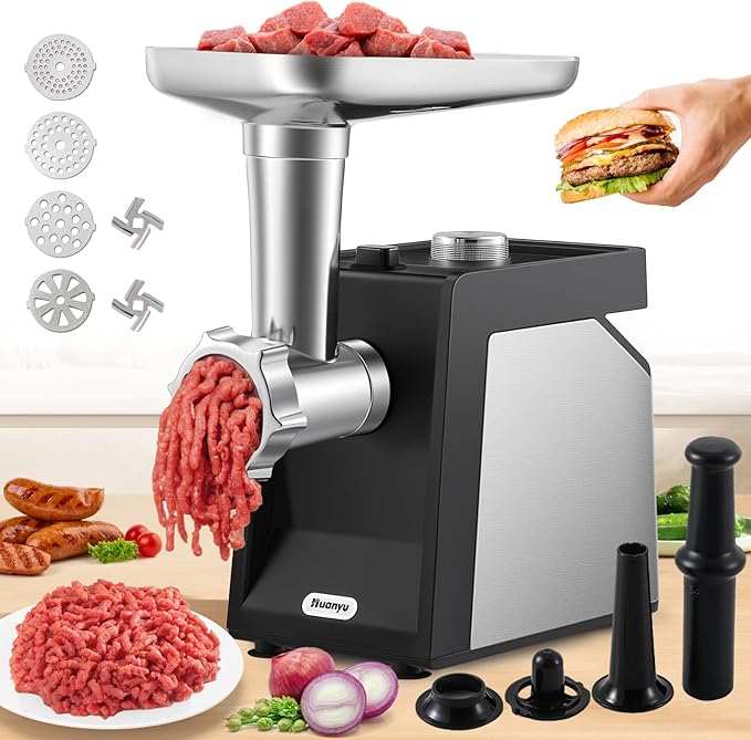Huanyu Electric Meat Grinder for Home Use, Quiet for Apartment Cooking, Process Beef & Venison in 90s, Sausage Kubbe Prep Kit 110v