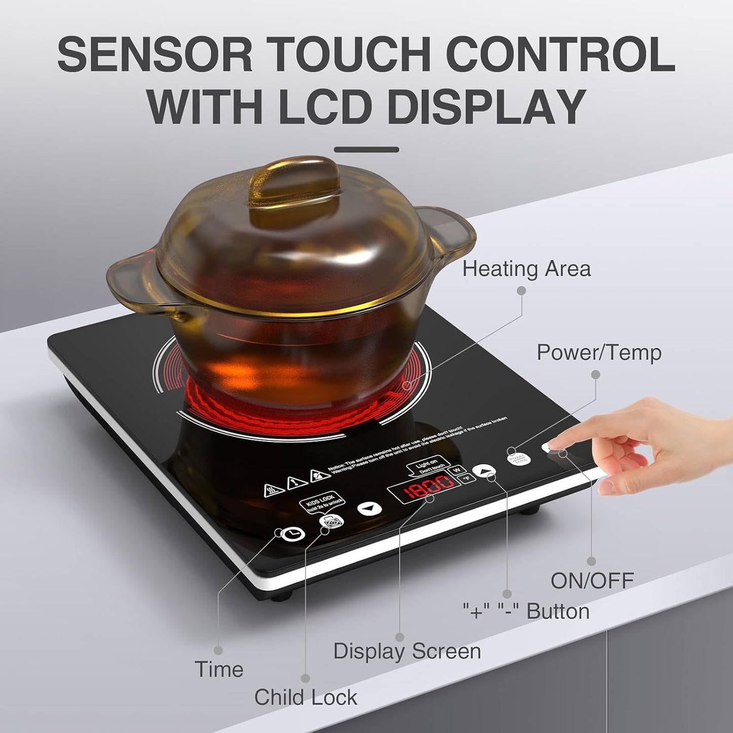 Electric Cooktop Single Burner Portable Stove 1800W 110v -120v Countertop Hot Plates Electric Plug in, Touch Control, Child Lock, 9 Power Levels Low Noise, 4 Hour-Timer Infrared Cooktop