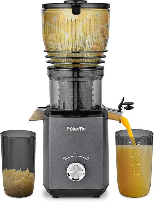 Pukomc Cold Press Juicer,5.8" Wide Feed Chute Juice Extractor Machine with 300W,Slow Masticating Juicer for Whole Vegetables & Fruits,High Juice Yield,Easy to Clean,Grey