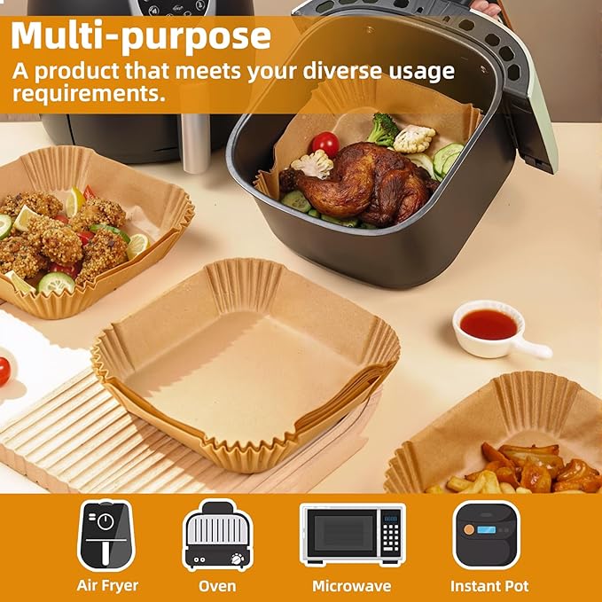 Air Fryer Paper Liners XXL for 8-12 Qt Airfryer, 200pcs 9-10 inch Square Thickened 50gsm Disposable Parchment Tray
