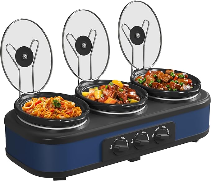 Kiss the Water Triple Slow Cooker Buffet Servers and Warmer,3 Pot Food Small Mini Manual Slow Cooker with Adjustable Temp Stainless Steel Lid Rests,Removable Ceramic Pot, 3 * 1.5 Quarts Blue