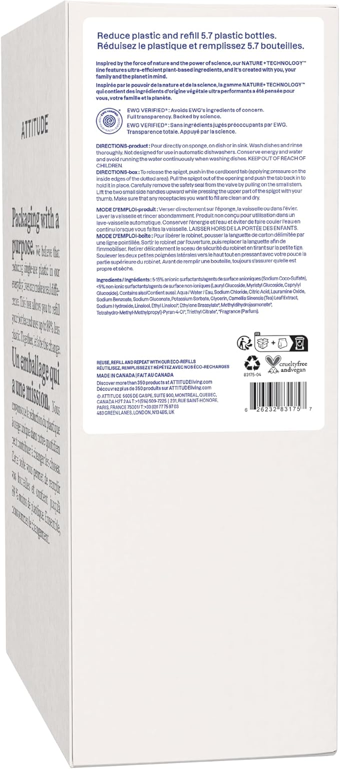 ATTITUDE Dish Soap Refill, EWG Verified, Plant-Based & Vegan Dishwashing Liquid, Naturally Derived, Olive & Coriander Scent, 135.3 Fl Oz